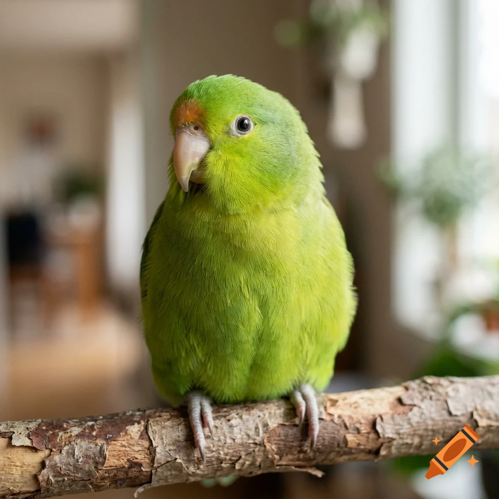 A close-up shot of a small green parrot perched on a rustic wooden branch inside a home.