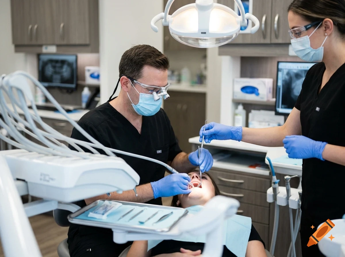 Dentist and dental assistant examining a patient in a modern dental clinic.