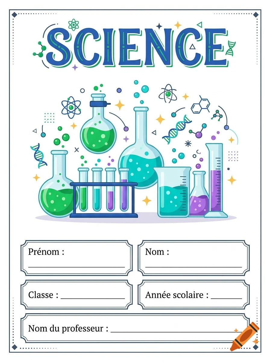 An educational science poster template featuring laboratory glassware like beakers and flasks filled with colorful liquids, along with science icons and fillable blank fields for a student's name, class, and teacher.