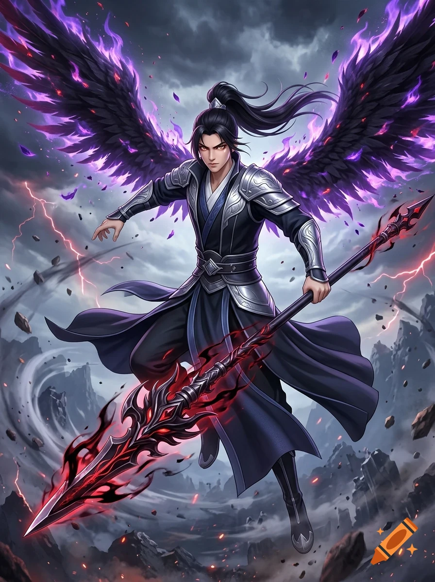 A warrior with black wings and a spear stands amidst a stormy landscape.