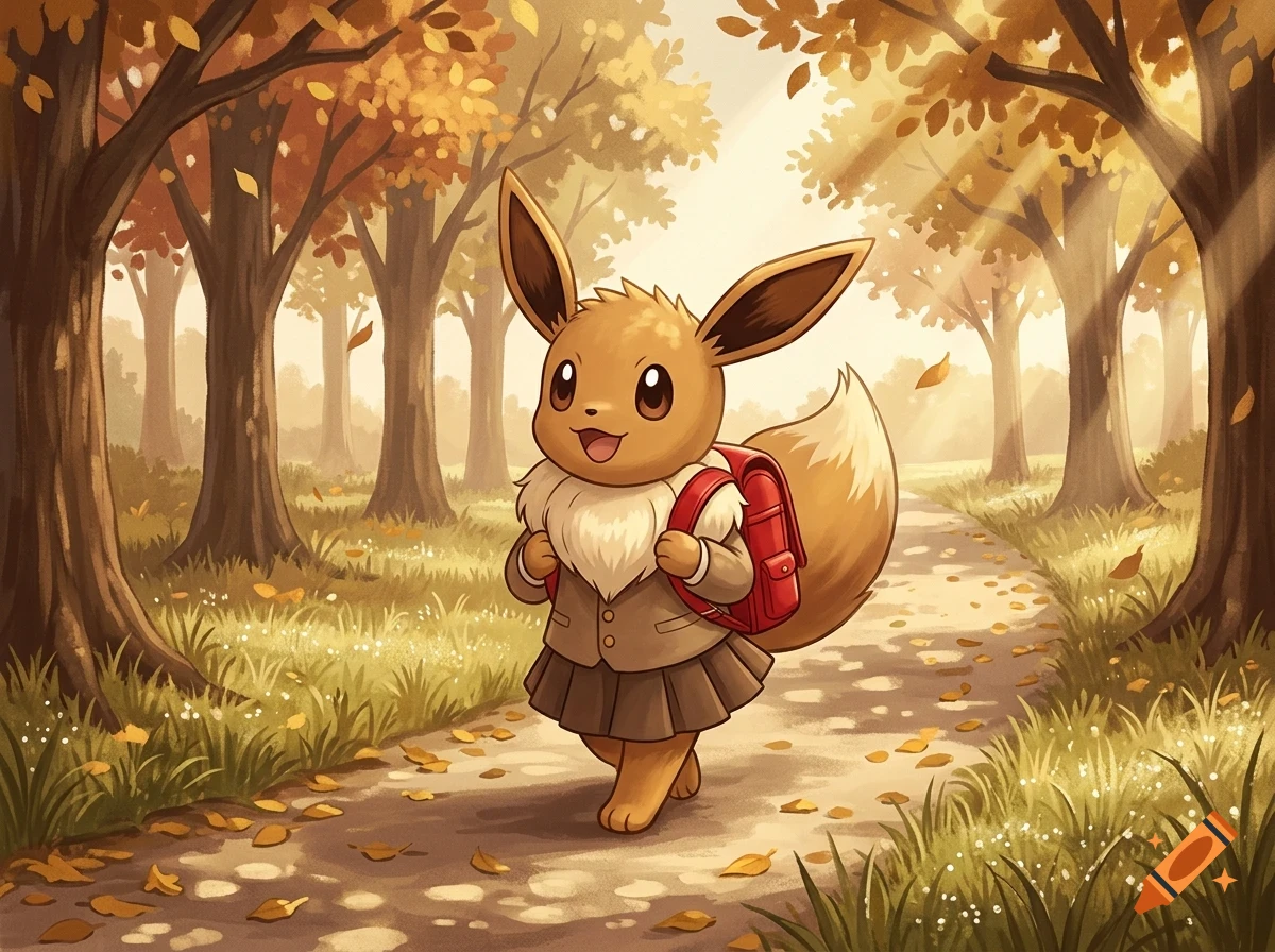 An Eevee wearing a school uniform and red backpack walks along a sunlit autumn path in the forest.