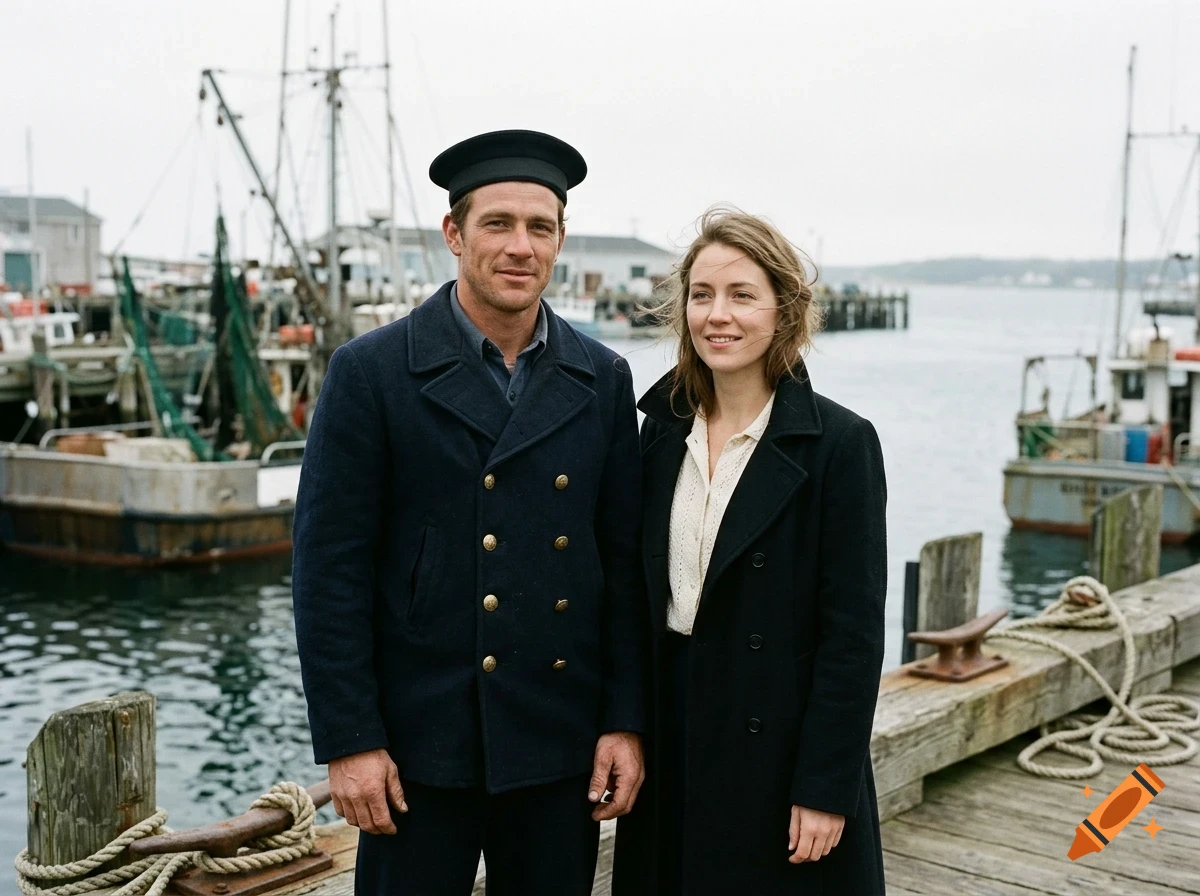 A man in a sailor hat and pea coat and a woman stand together on a wooden pier with fishing boats in the harbor behind them.