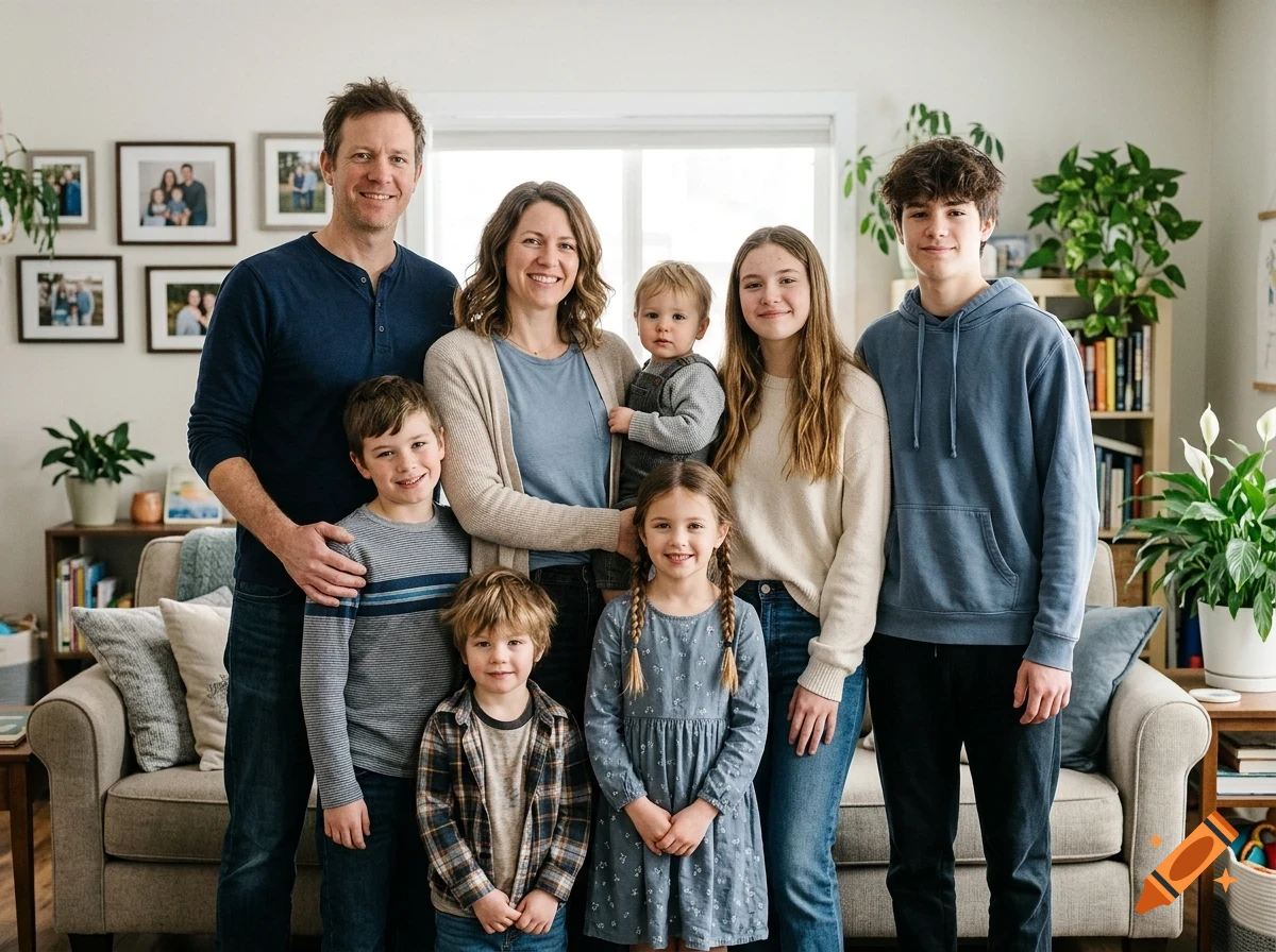 A large family portrait with parents, teenagers, and younger children standing together in a living room.
