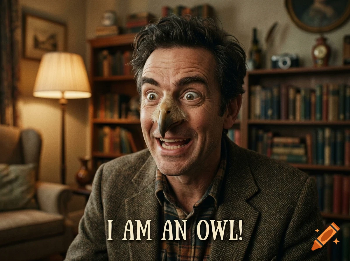 A man with a bird beak attached to his nose stands in a room with bookshelves.