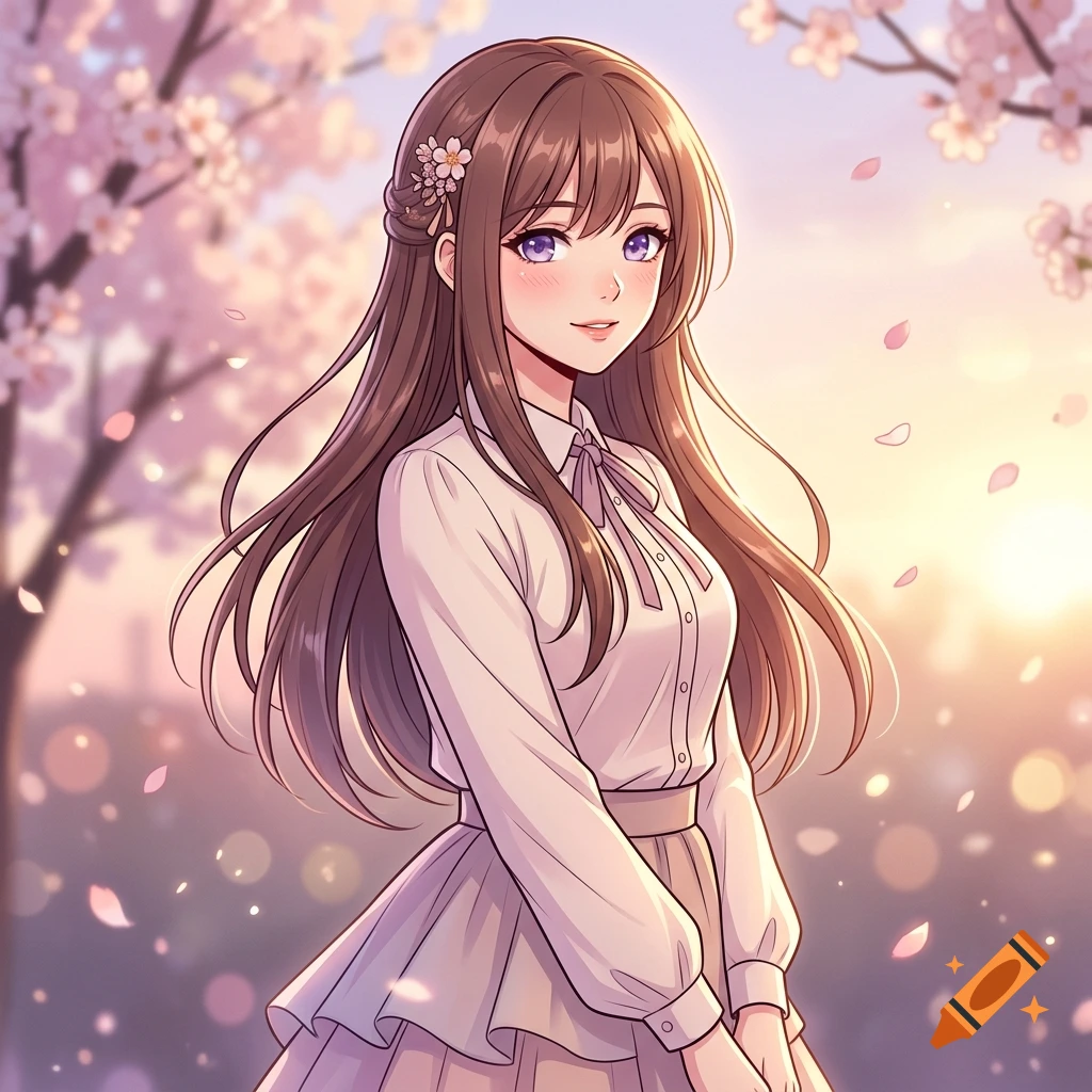 Anime style illustration of a young woman with brown hair and purple eyes in front of cherry blossom trees.