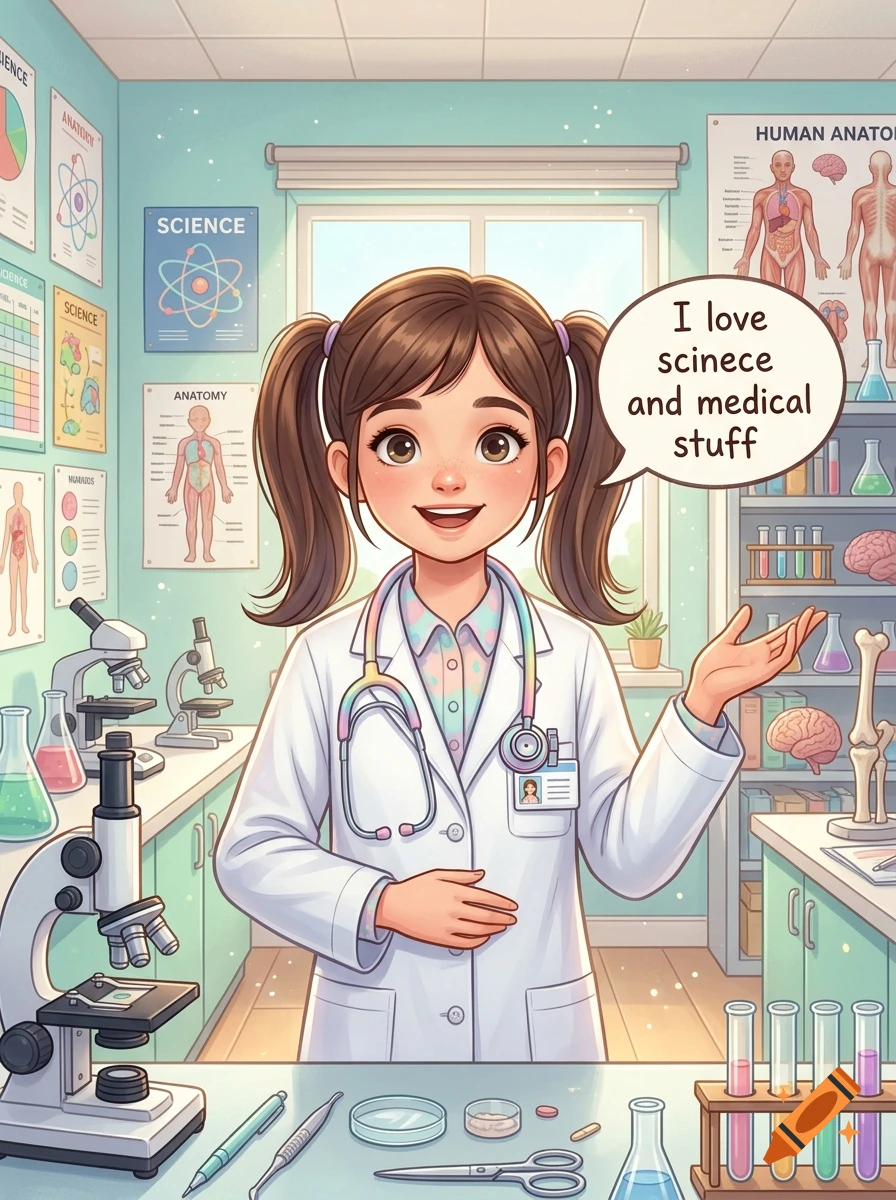 An anime-style illustration of a smiling young girl in a doctor's coat inside a science lab, with a speech bubble saying "I love scinece and medical stuff".