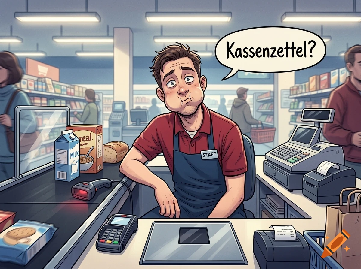 An illustration of a male supermarket cashier sitting at a checkout counter, holding his breath with puffed-out cheeks, with a speech bubble that reads Kassenzettel?