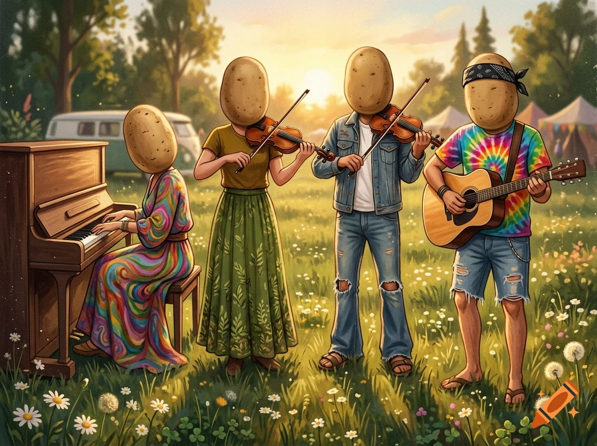 Four people with large potatoes for heads playing musical instruments in a sunny grassy field.