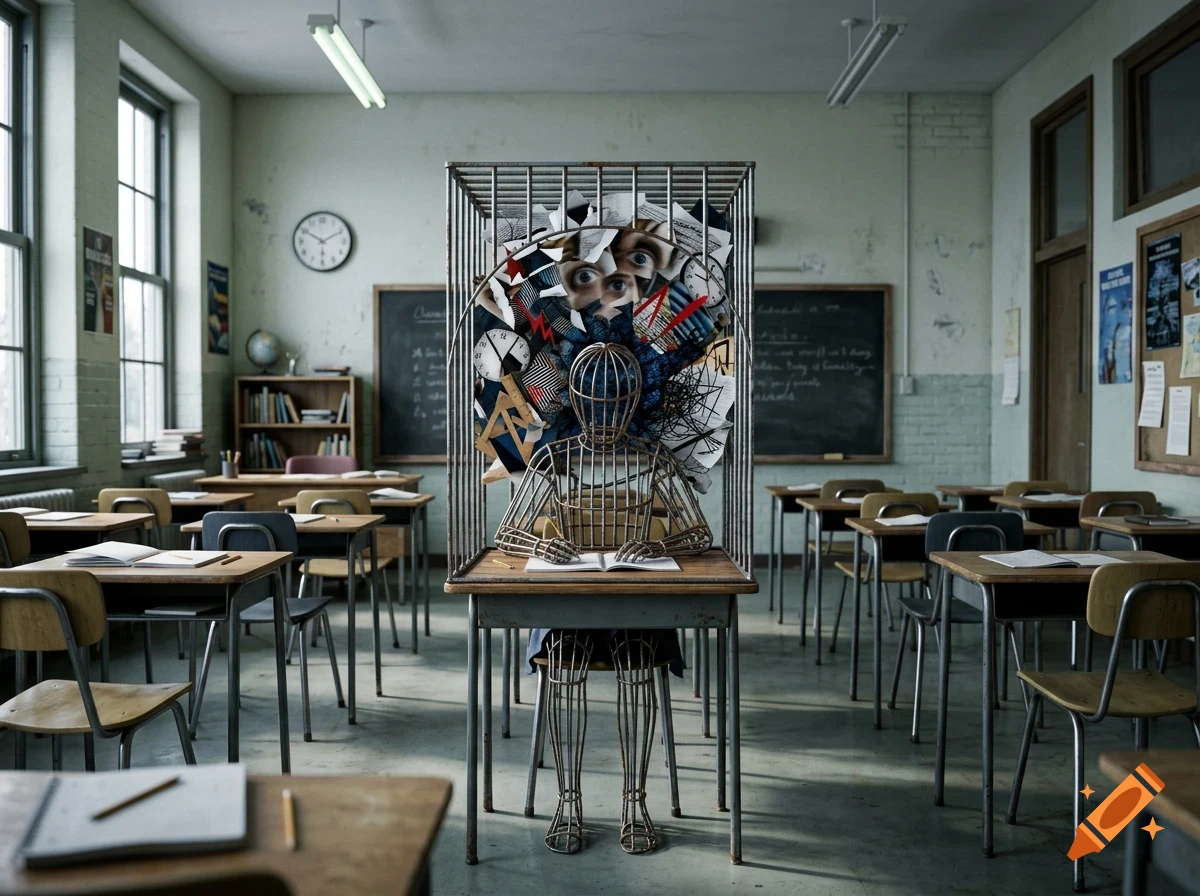 A wire-frame mannequin sits at a desk inside a caged enclosure in the center of an empty classroom, surrounded by floating papers and clock faces.