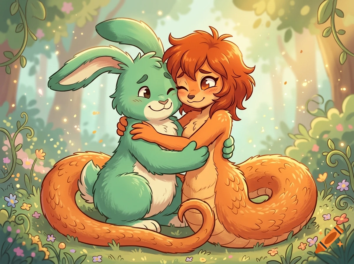 Digital cartoon illustration of a green furry rabbit-man cuddling an orange lamia-girl in a sunny forest.