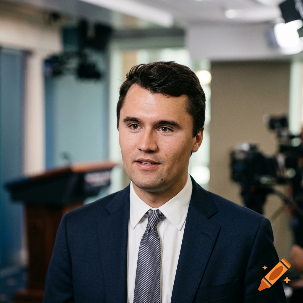 Close-up photorealistic portrait of Charlie Kirk in a suit and tie standing in a room with broadcast equipment.
