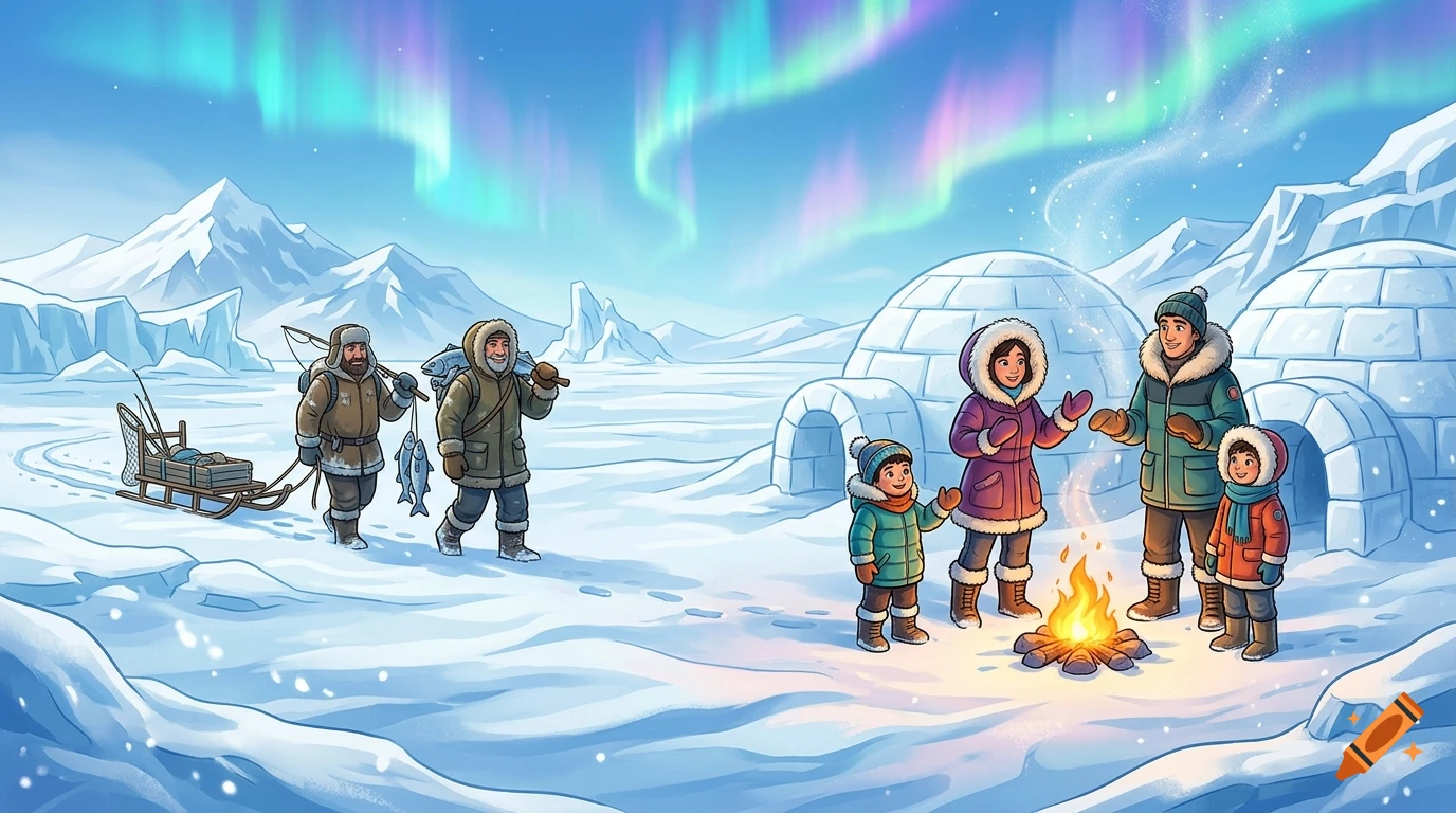 Cartoon style polar landscape with igloos, family around a campfire, and fishermen with fish under an aurora borealis.