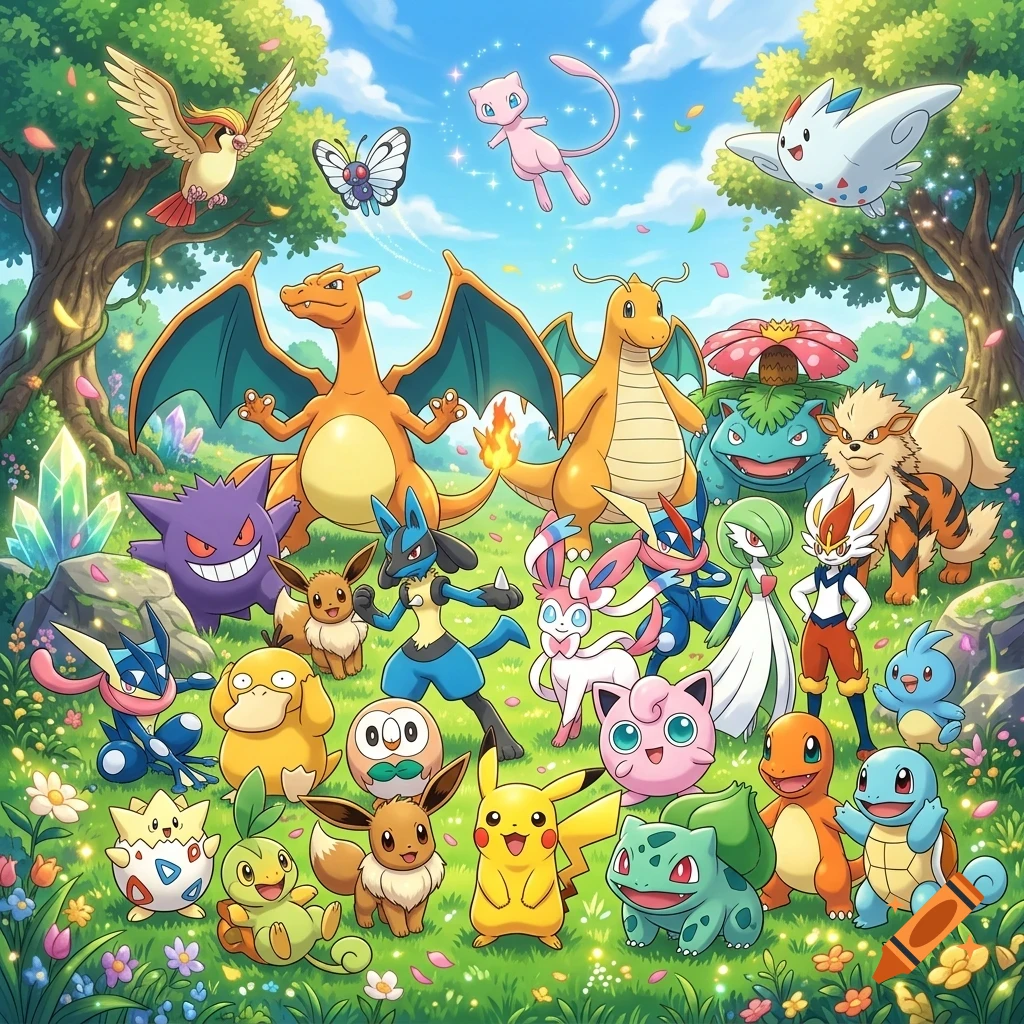 An illustrated group portrait of various colorful cartoon Pokemon characters gathered in a sunny forest clearing surrounded by trees, flowers, and crystal formations.