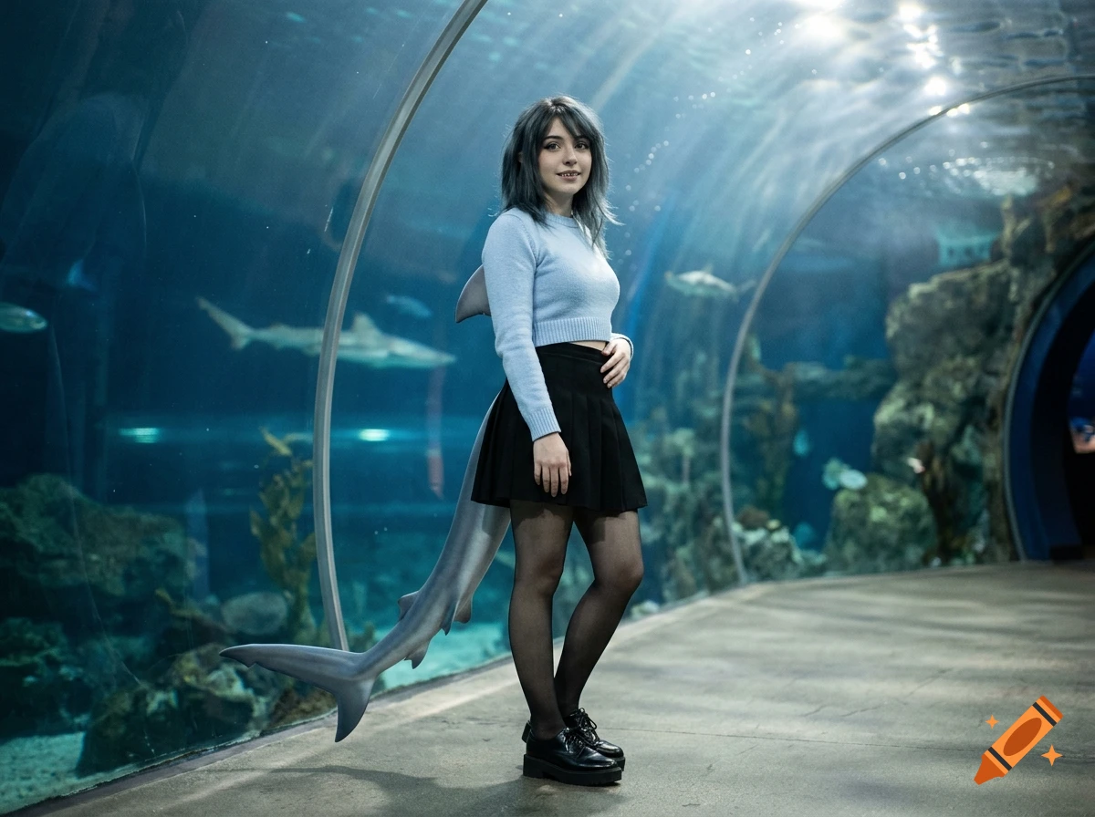 Photorealistic image of a person with blue hair and a shark tail posing inside an aquarium tunnel.