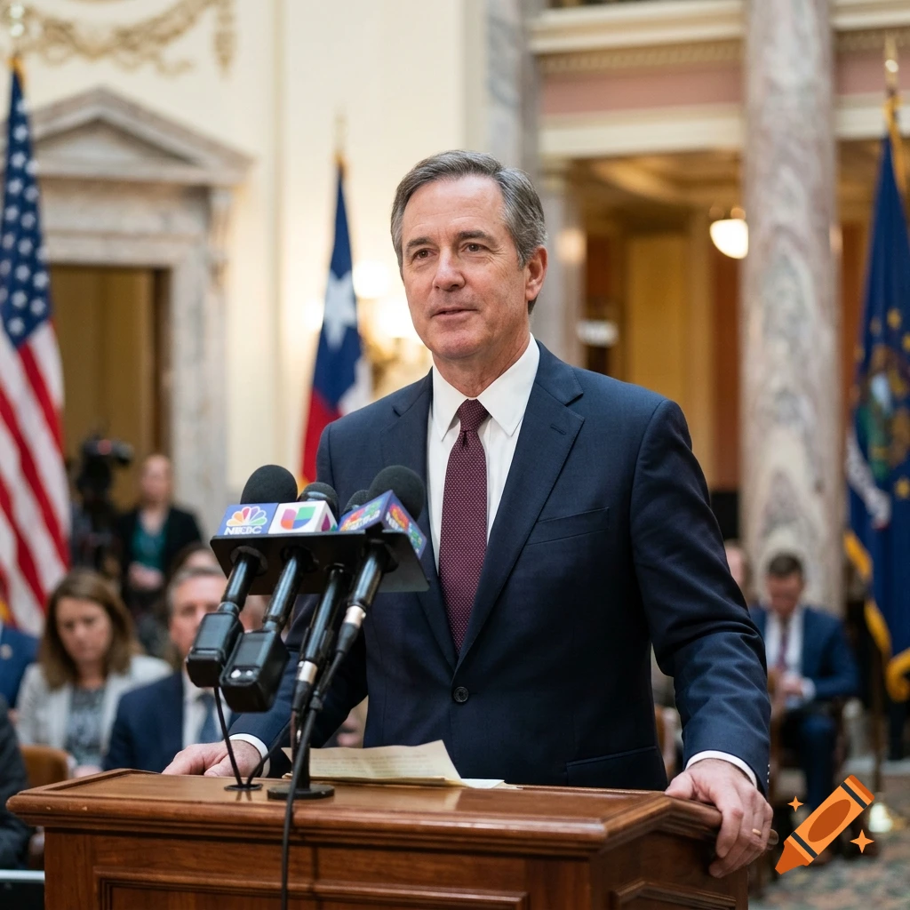 A middle-aged male politician in a suit speaking at a podium with microphones in a government building.