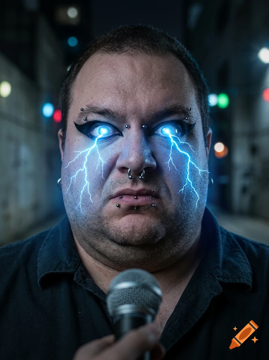 Photorealistic close-up portrait of a man with dramatic eyeliner, piercings, and glowing blue lightning emanating from his eyes, facing a microphone in a dark alley.