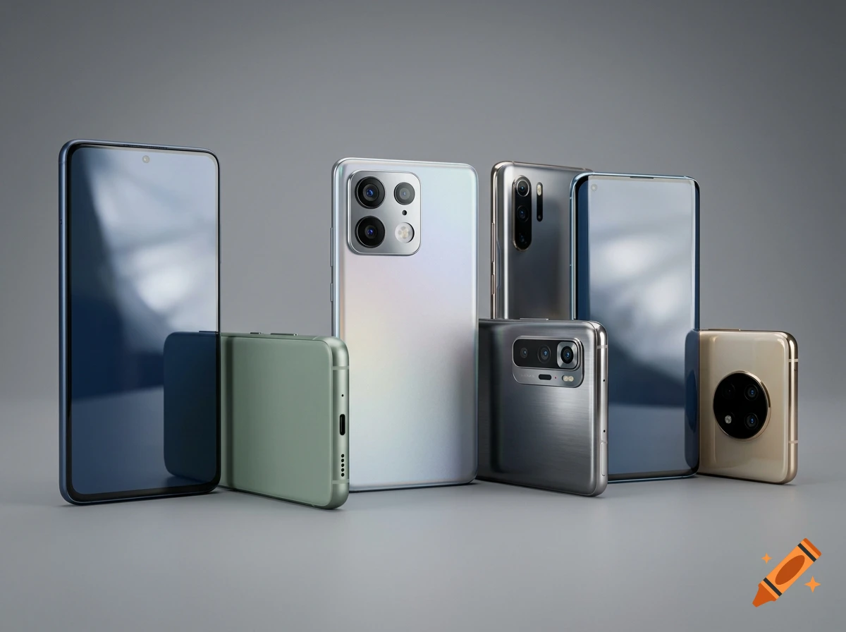 Several different smartphones of various brands arranged on a grey surface.
