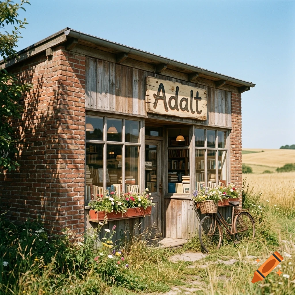 A rustic brick and wooden storefront with a wooden sign reading 'Adalt', large windows showcasing bookshelves inside, a flower box below the window, and a vintage bicycle leaning against the exterior.