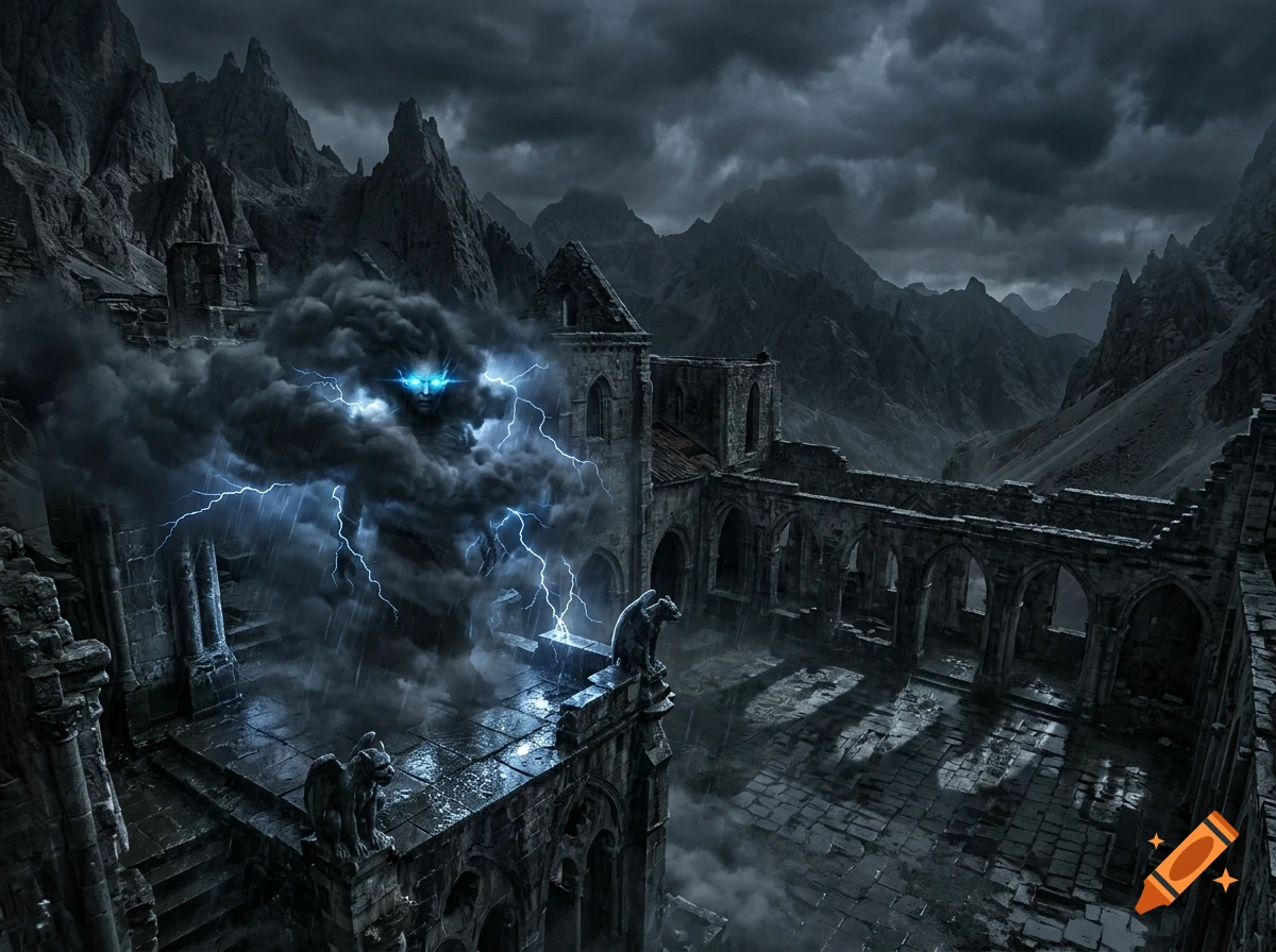 A dark stormy castle courtyard surrounded by jagged mountains, with a towering entity made of swirling storm clouds and glowing blue lightning eyes.