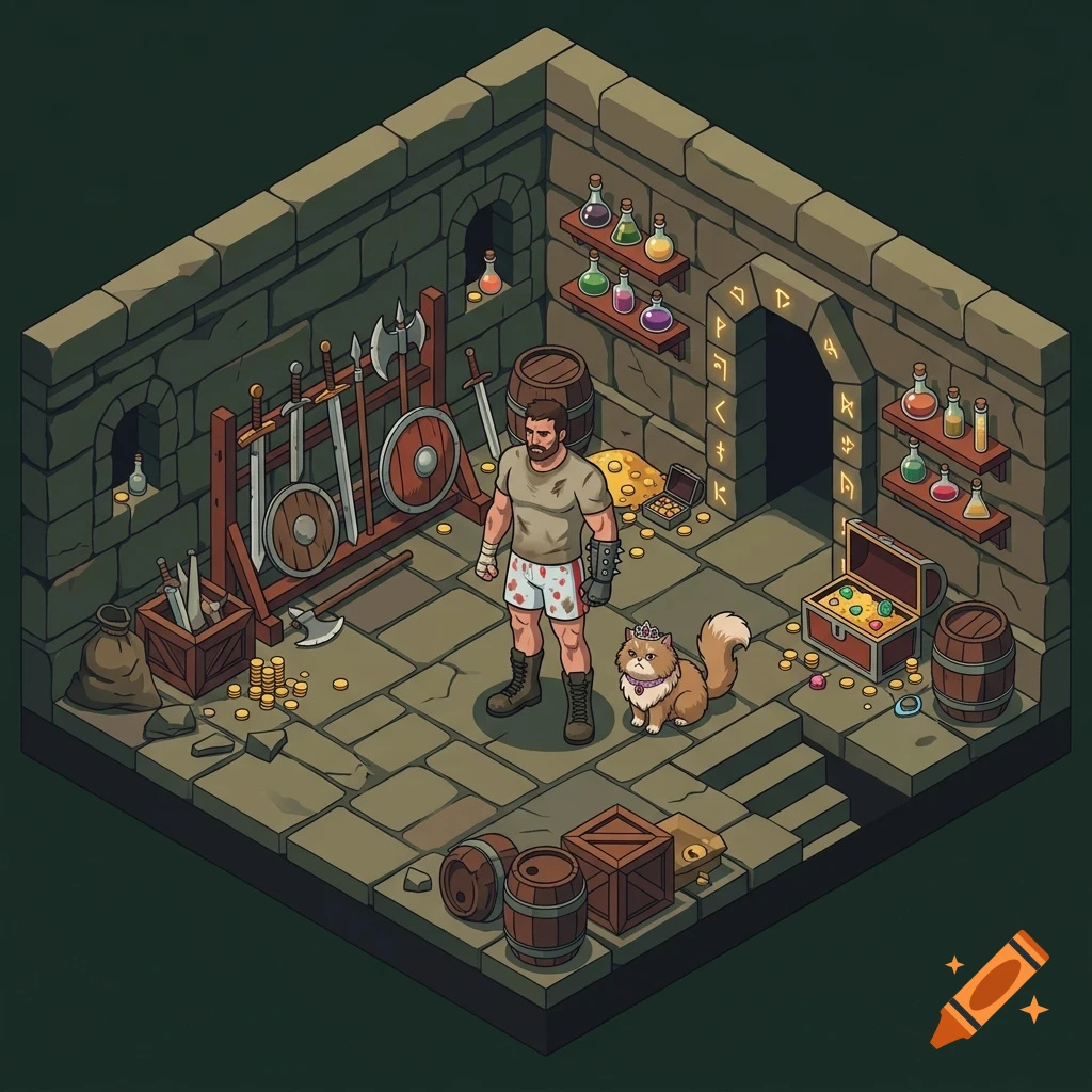 An isometric pixel art illustration of a man and a cat inside a stone dungeon room filled with weapons, potions, treasure chests, and barrels.