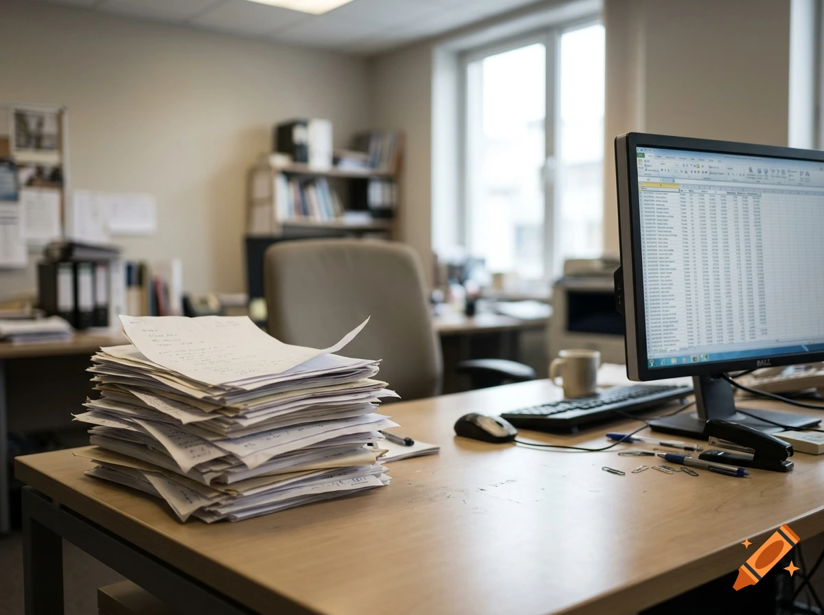 Photorealistic office desk with a large stack of loose papers on the left and a computer monitor showing a spreadsheet on the right.