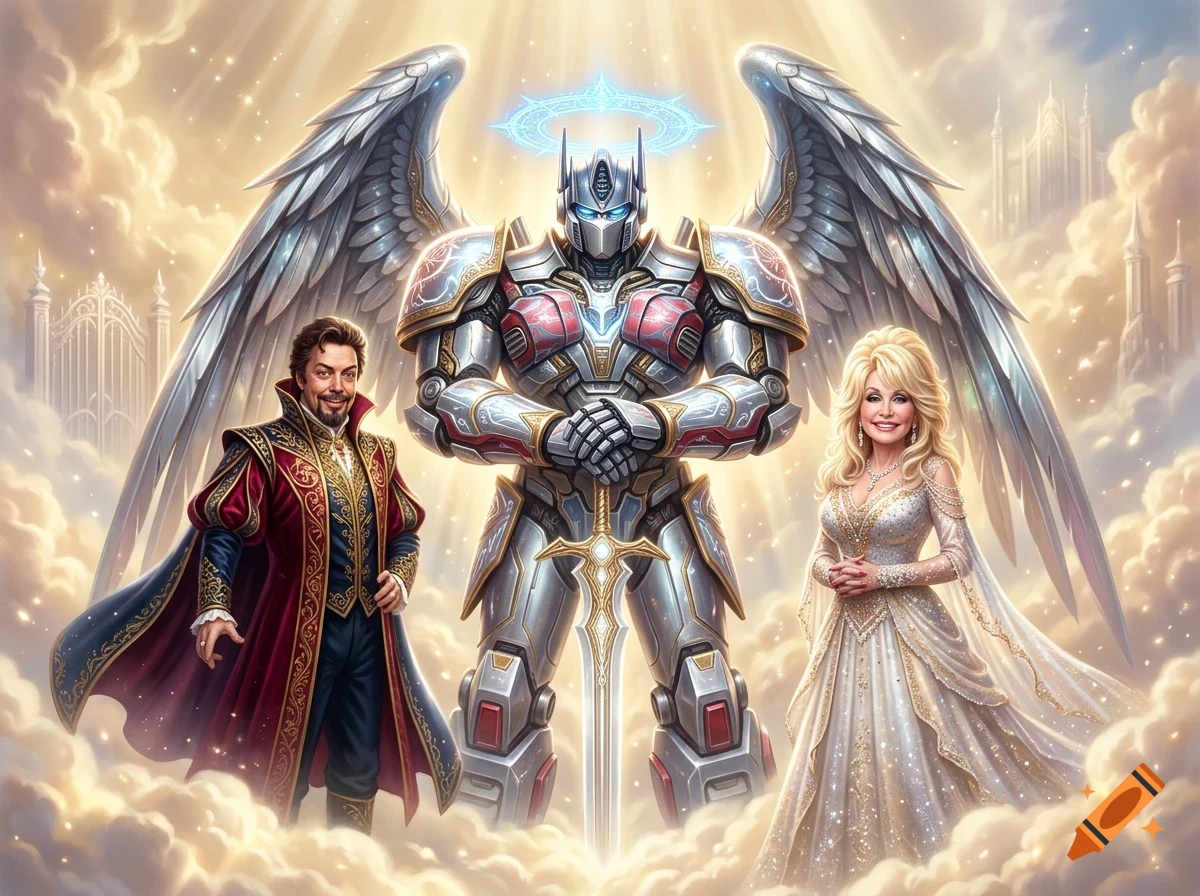 An armored robot with angel wings and a halo stands between a man in historical attire and a woman in a white gown amidst clouds and golden light.