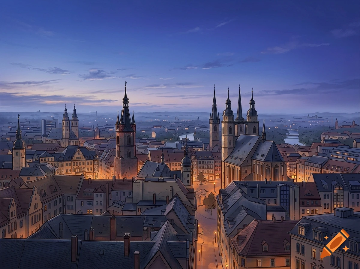 An anime-style illustration of a city skyline at dusk with traditional European rooftops and church spires.