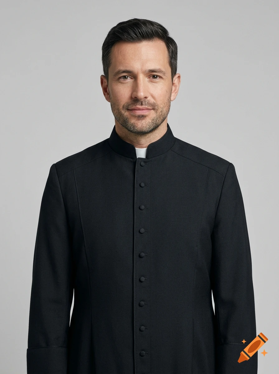Photorealistic portrait of a middle-aged man with dark hair and a beard, wearing a black clerical shirt with a white collar.