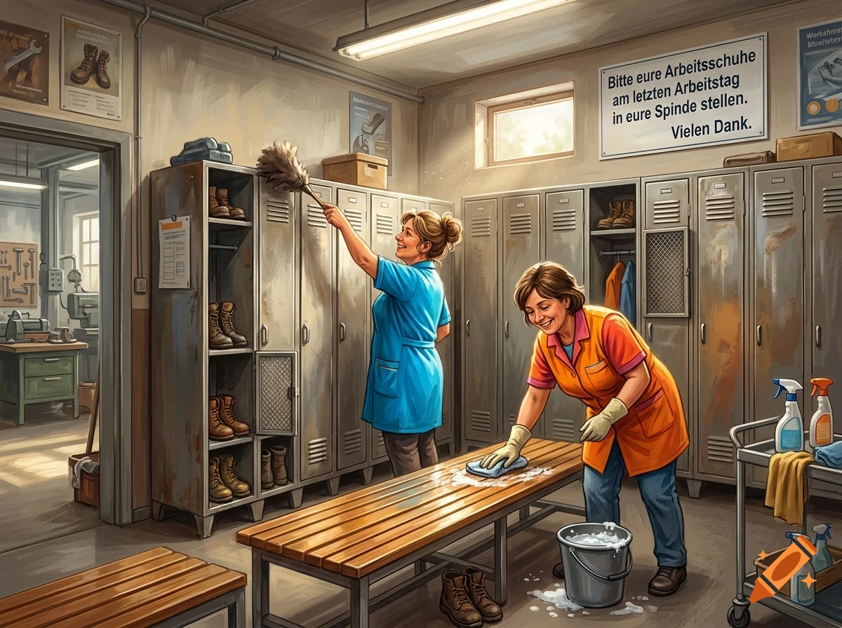 Two women wearing work uniforms clean a locker room with metal lockers, a wooden bench, and cleaning supplies.