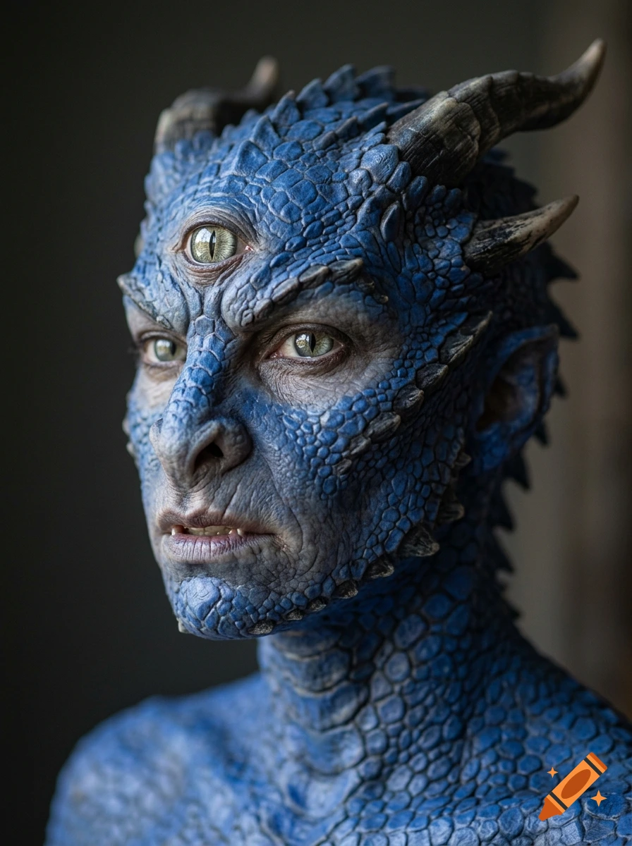 Photorealistic profile portrait of a blue scaled dragon-woman with a third eye on her forehead and horns.