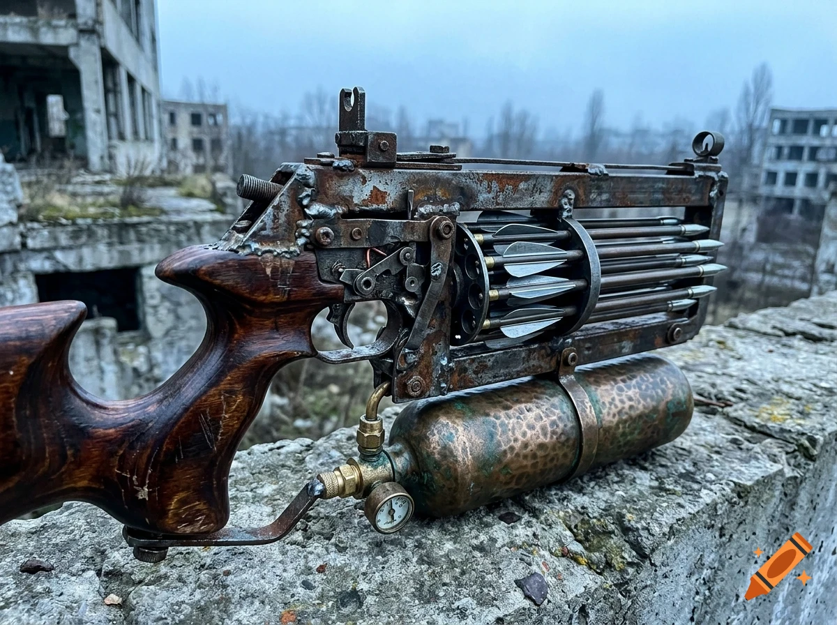 A close-up shot of a custom-built, steampunk-style weapon featuring a wooden stock, a rotating cylinder loaded with arrows, and a copper gas canister mounted underneath, set against an outdoor concrete backdrop.