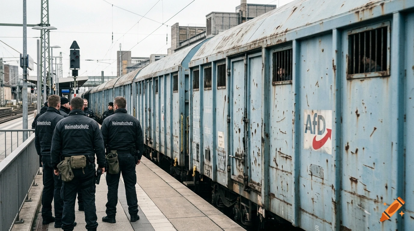 Photorealistic image of security personnel with Heimatschutz jackets standing next to an old train with AfD logo on the side.
