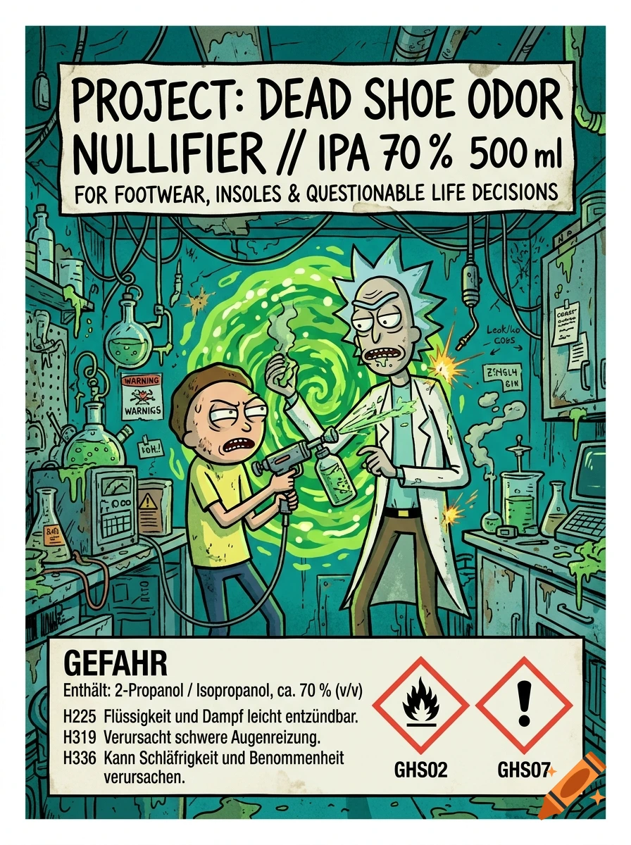 Rick and Morty style illustration of a chaotic garage laboratory with characters holding a spray bottle and portal gun.
