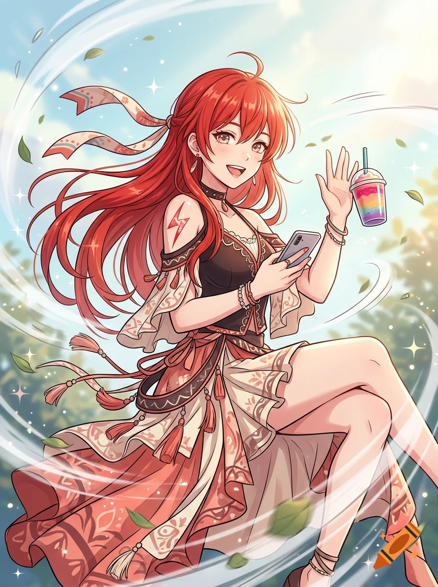 Anime style illustration of a smiling red-haired woman holding a phone and a colorful smoothie, surrounded by swirling wind and leaves.