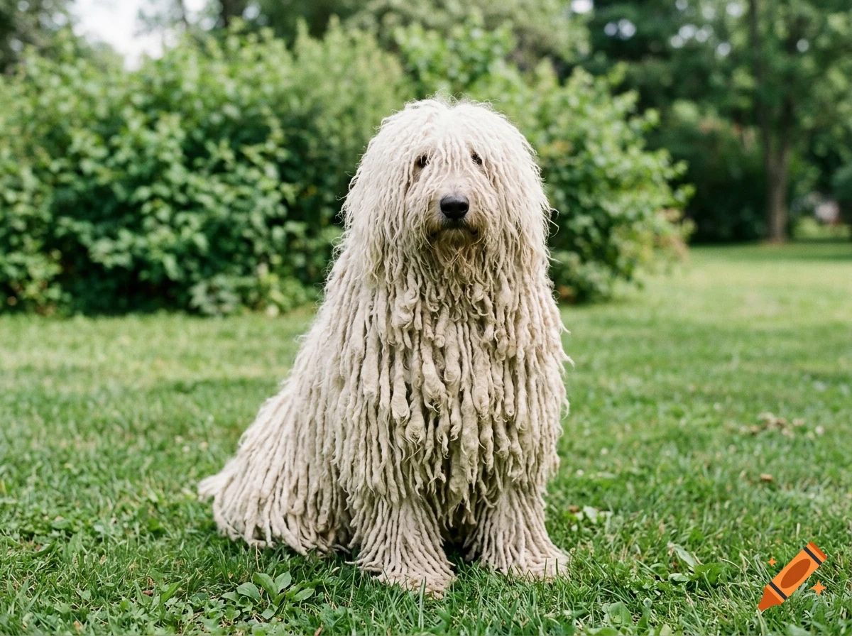 A Komondor dog with long, white corded fur sits on a grassy lawn outdoors.