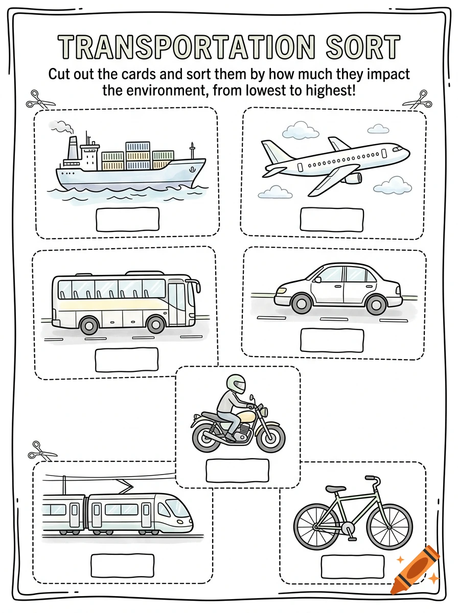 A black and white educational worksheet titled Transportation Sort with various vehicles to cut out.