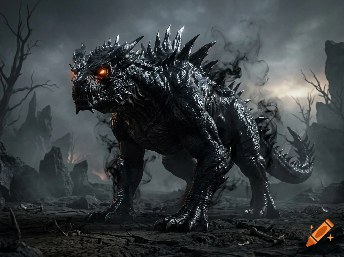 A menacing black, spiky creature with glowing orange eyes stands in a dark, rocky landscape with wisps of smoke around it.