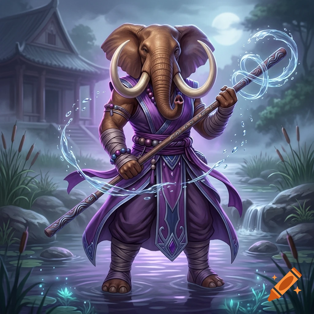 Digital painting of a female loxodon monk in purple robes holding a quarterstaff with water magic swirling around it, standing in a swamp near a temple.