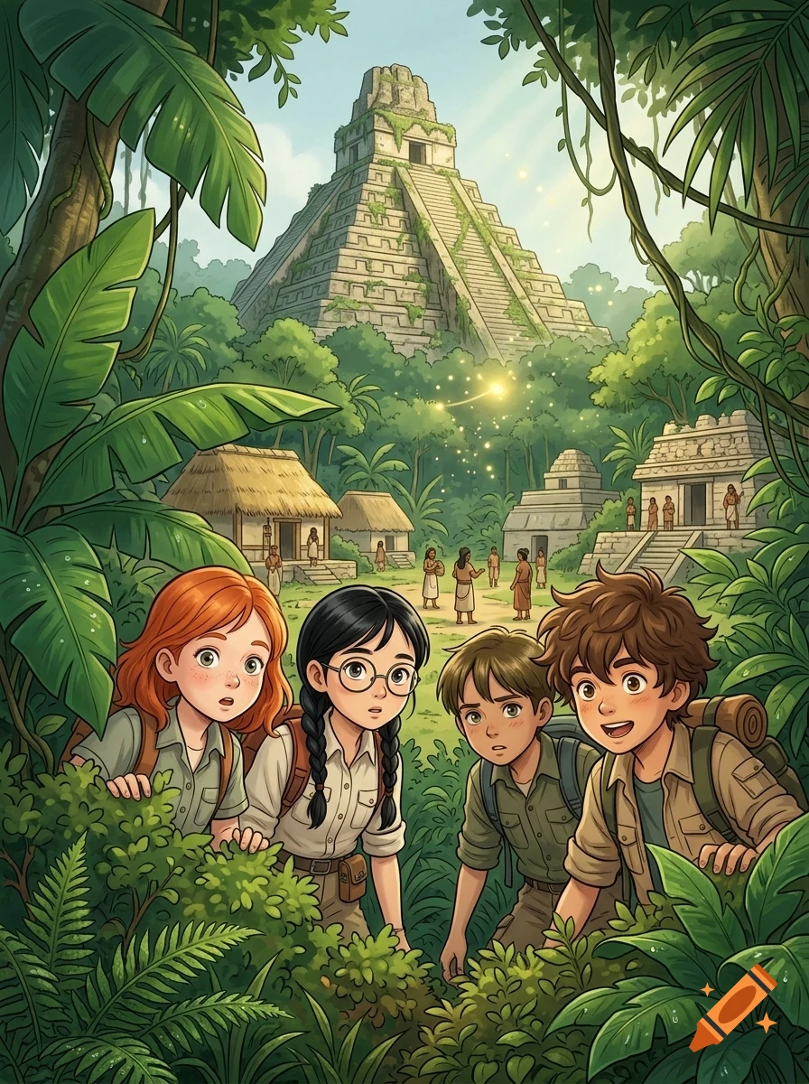 Four young explorers hiding in lush jungle foliage look on with wonder at an ancient Mayan-style stone pyramid and settlement.