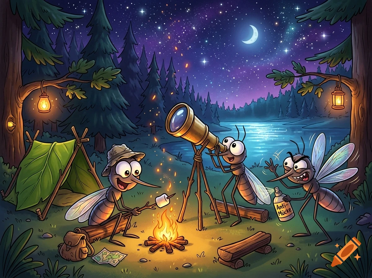 Three cartoon mosquitoes camping in a forest at night, roasting a marshmallow over a campfire, looking through a telescope, and holding bug spray under a starry sky.