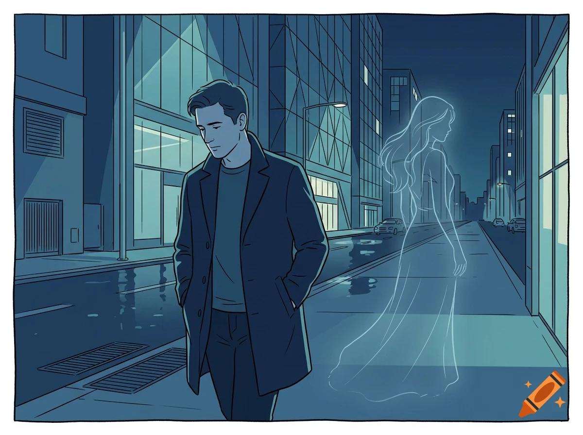 Illustration of a man walking down a city street at night with a glowing female silhouette following behind him.