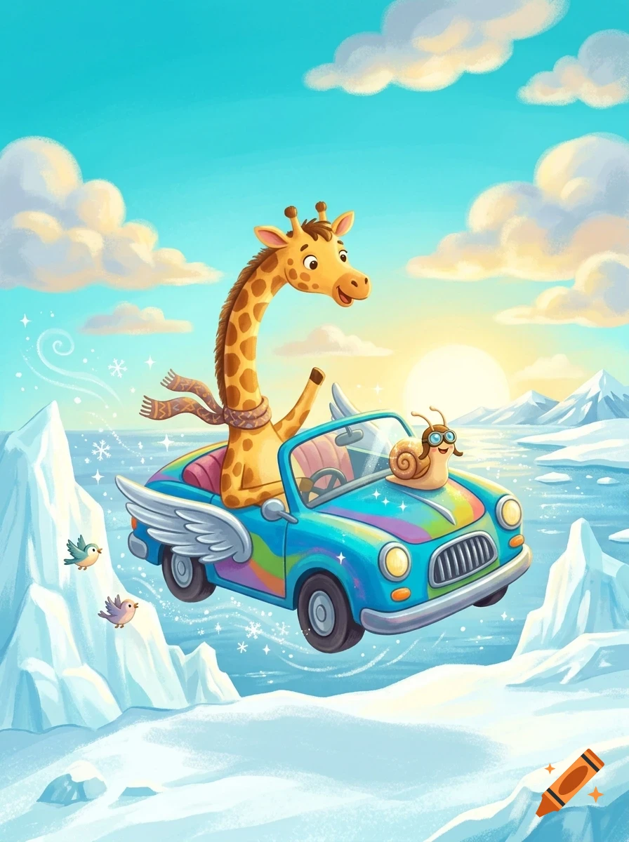 A friendly cartoon giraffe and a snail wearing goggles drive a flying, winged, colorful convertible car over snowy mountains and icy waters under a partly cloudy sky.