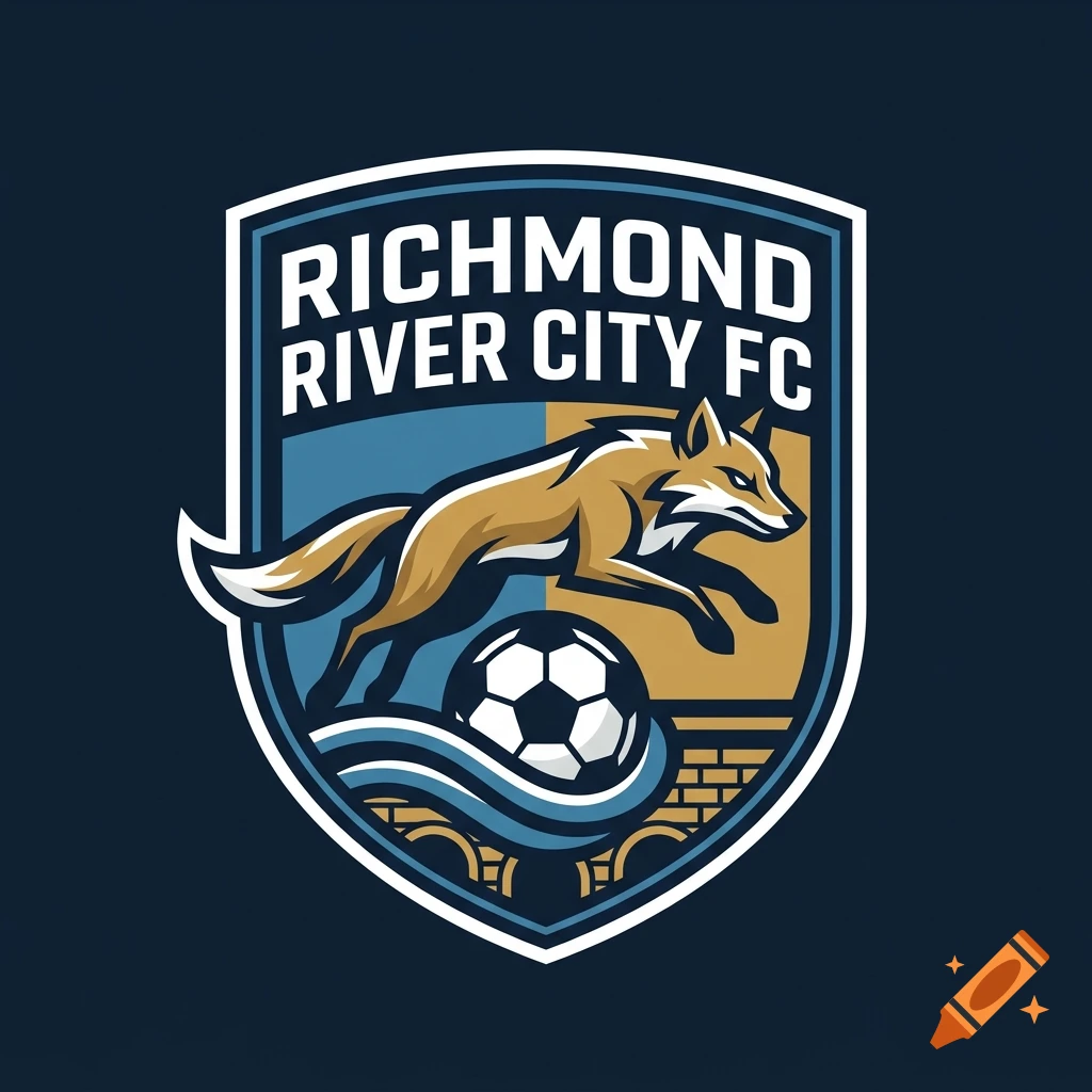 Soccer club logo featuring a leaping fox over a soccer ball and bridge, with the text Richmond River City FC.