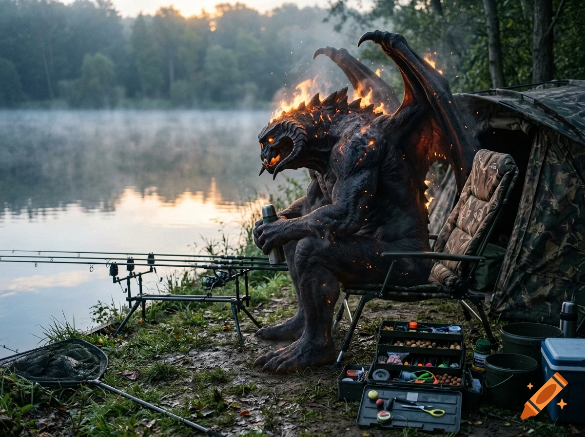 A demonic, fire-engulfed creature sits in a camping chair by a misty lake at sunrise, holding a thermos next to fishing rods and a tent.