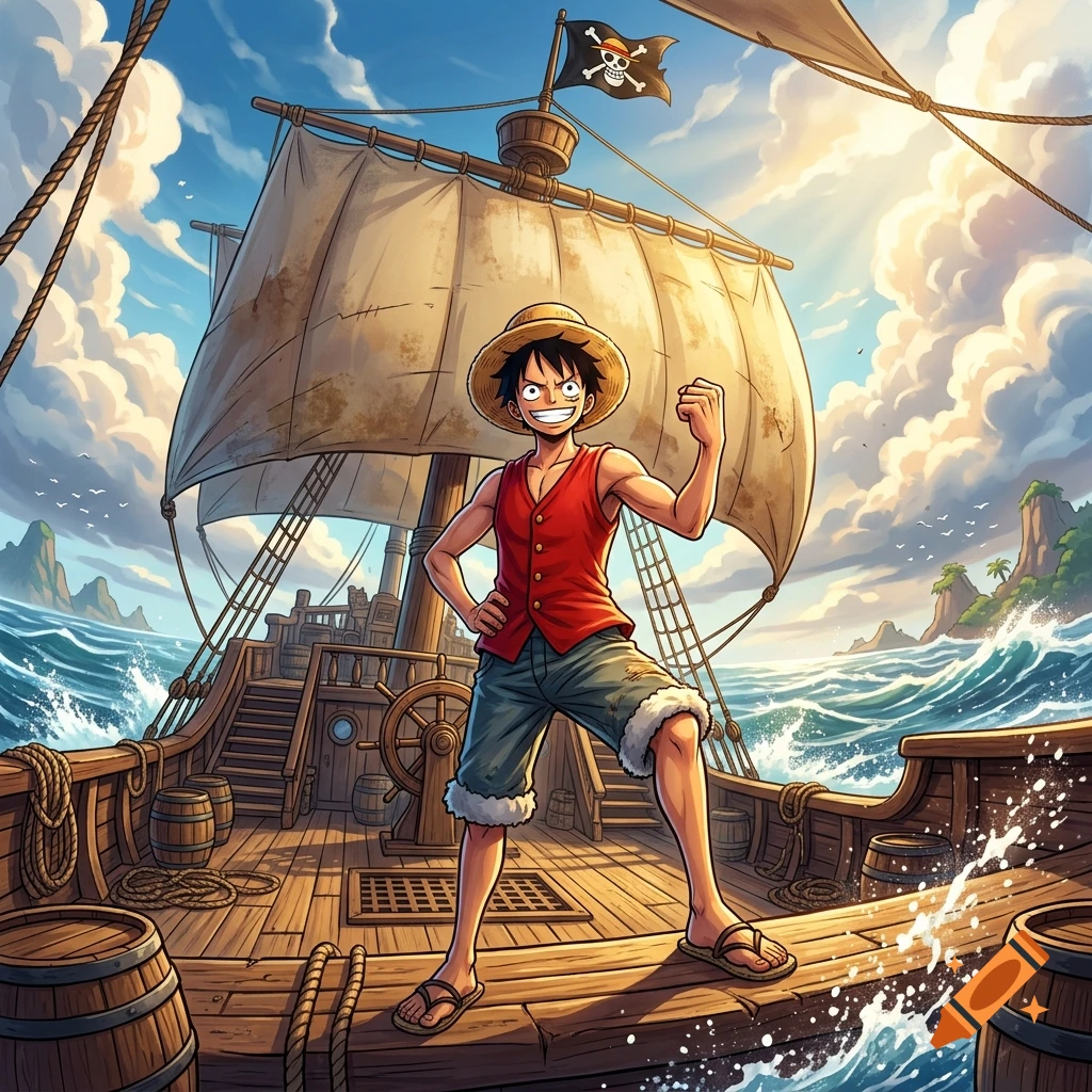 Anime style digital illustration of Monkey D. Luffy standing on the deck of a wooden pirate ship with a skull flag against a bright cloudy sky.