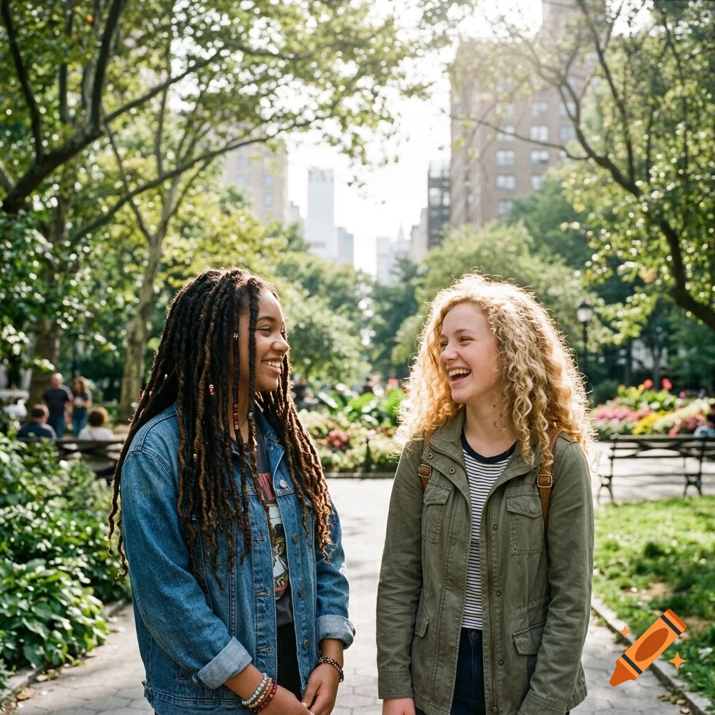 Two young women laughing and talking together while walking along a paved path in a city park lined with trees and buildings in the background.
