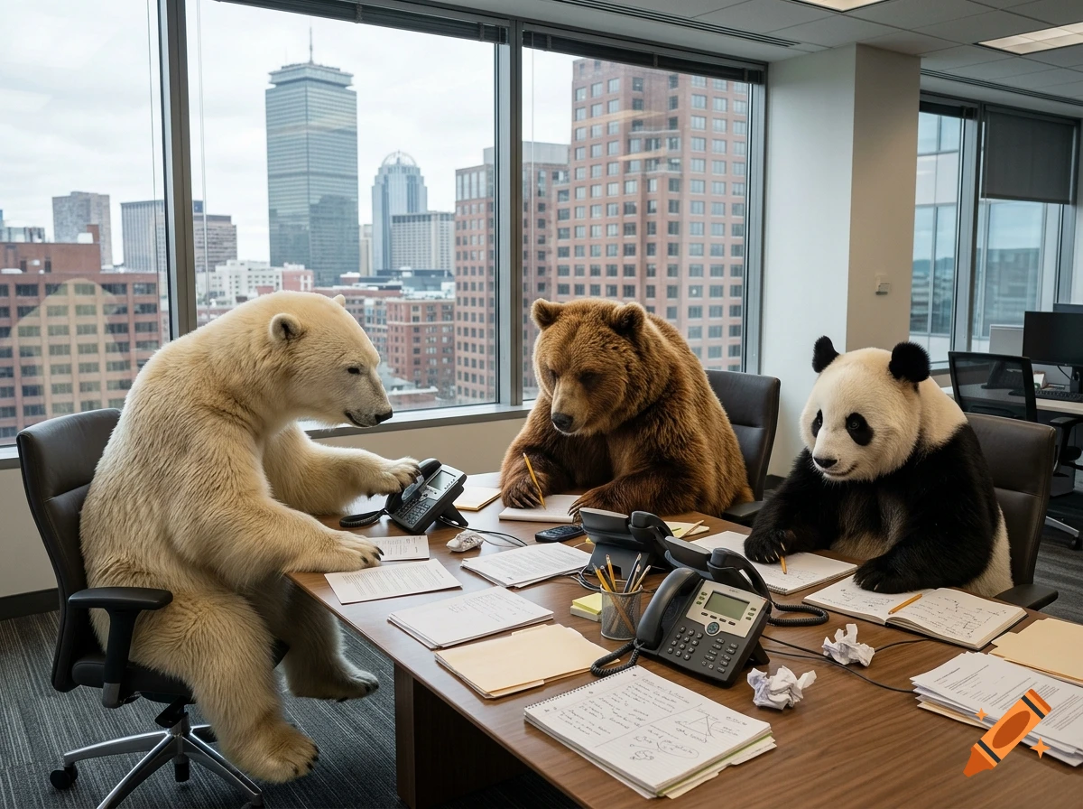 Photorealistic image of a polar bear, brown bear, and panda bear working together at a conference table in a modern office.