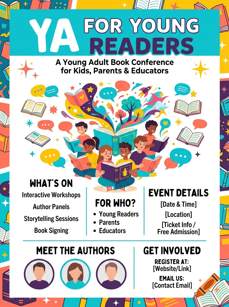 Colorful promotional flyer for a young adult book conference with kids reading and magical illustrations.
