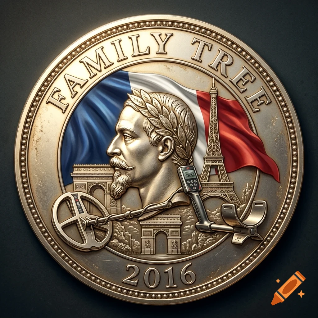 A commemorative gold coin with the text FAMILY TREE and 2016, featuring a portrait of a man, a French flag, the Eiffel Tower, the Arc de Triomphe, and a metal detector.