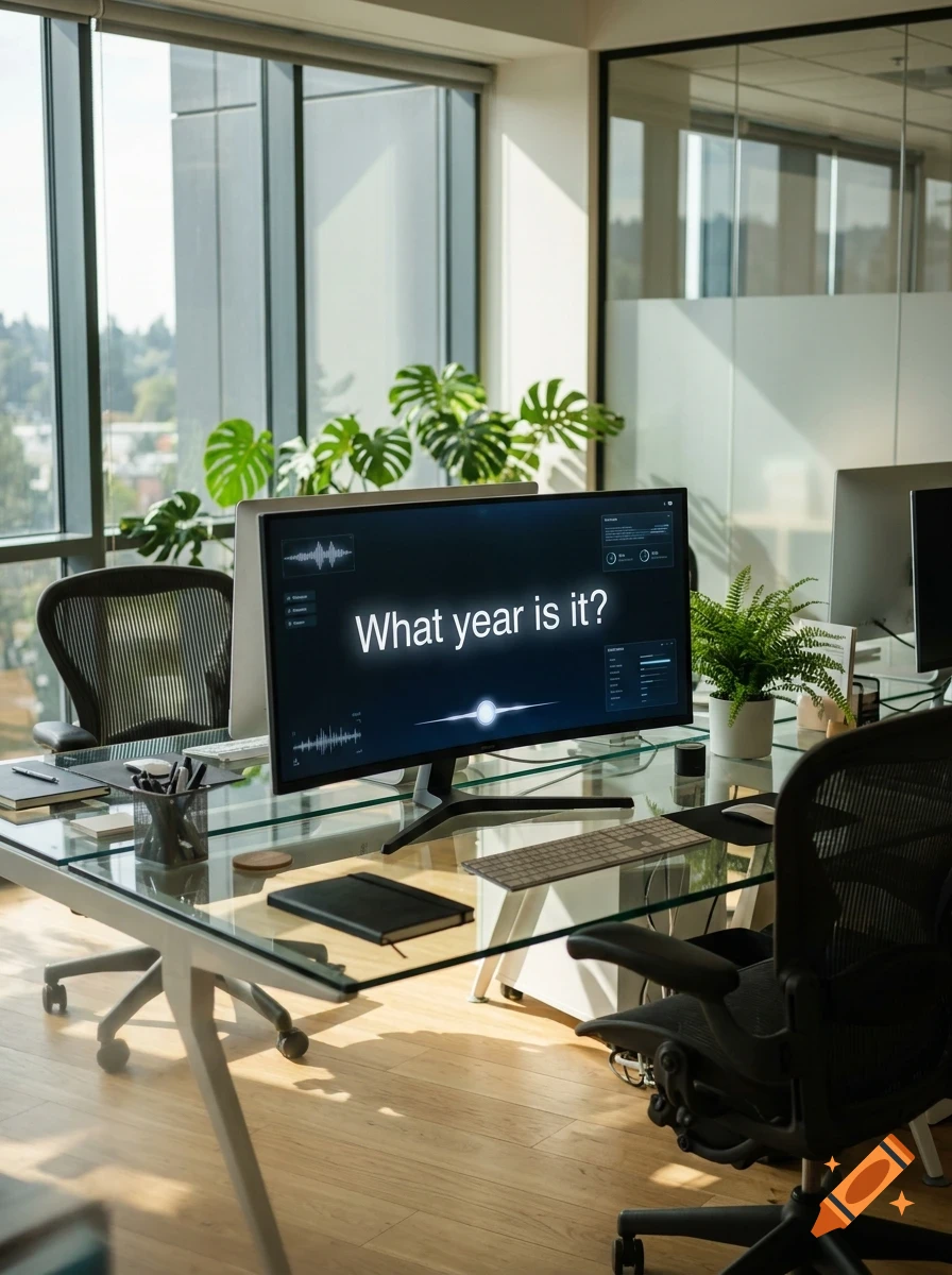 Modern office interior featuring a glass desk with a monitor displaying text, ergonomic chairs, and plants.